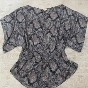 Parker Grey Snakeskin Print 100% Silk Smocked Peplum Blouse Top Small